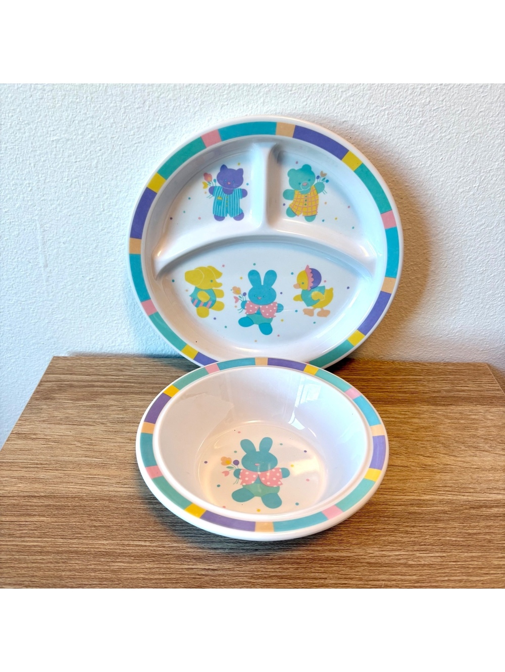 Vintage Hallmark Melamine Children’s Dish Set Bunny Pastel Divided Plate & Bowl